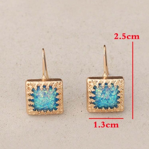 Blue Opal, Faux, Confetti Glitter Square Dangle Hook Gold color Earrings, Gift - Picture 3 of 4